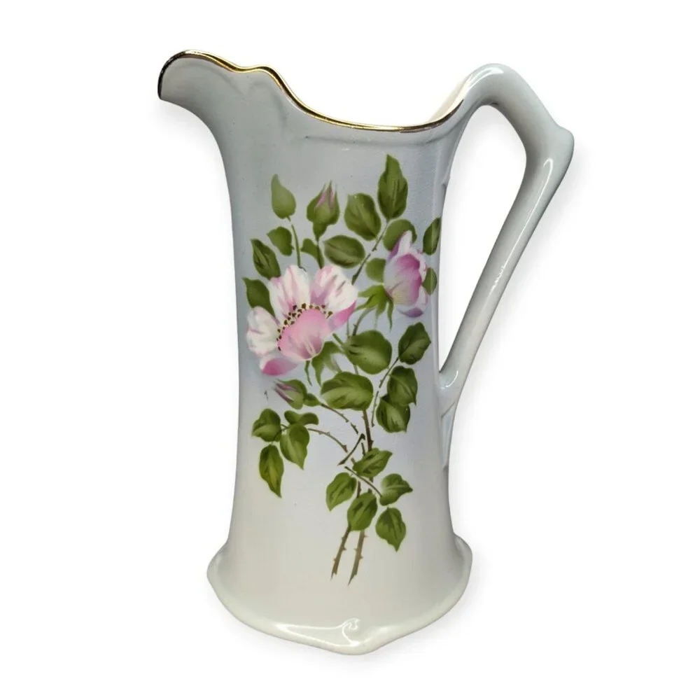 Vintage Floral Pitcher Vase Pink Flowers